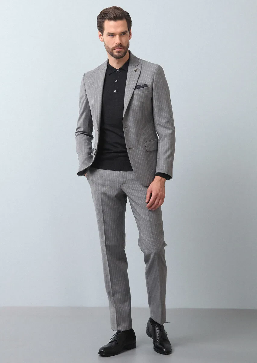 Grey Striped Zeroweight Slim Fit 100% Wool Suit - 3
