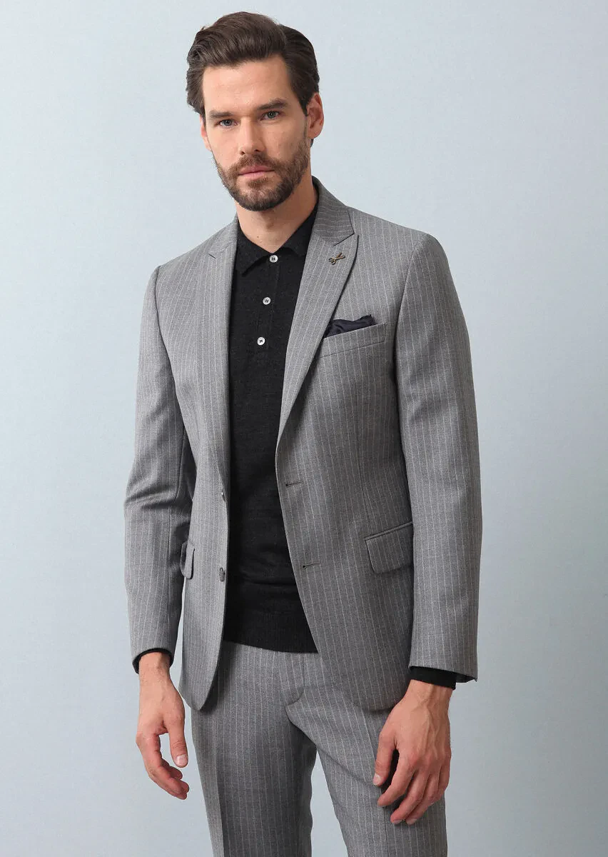 Grey Striped Zeroweight Slim Fit 100% Wool Suit - 4