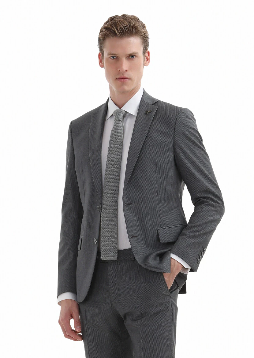 Grey Striped Zeroweight Slim Fit 100% Wool Suit - 2