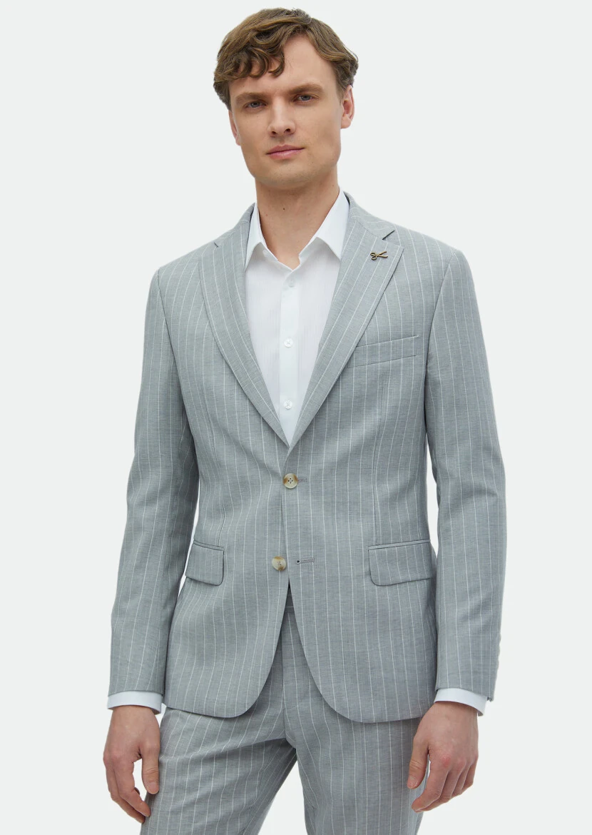 Grey Striped Zeroweight Slim Fit 100% Wool Suit - RAMSEY