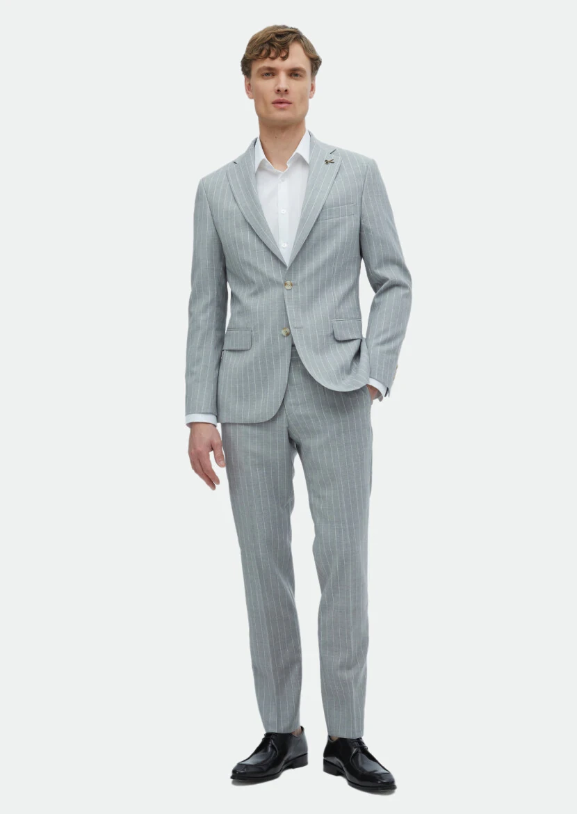 Grey Striped Zeroweight Slim Fit 100% Wool Suit - RAMSEY