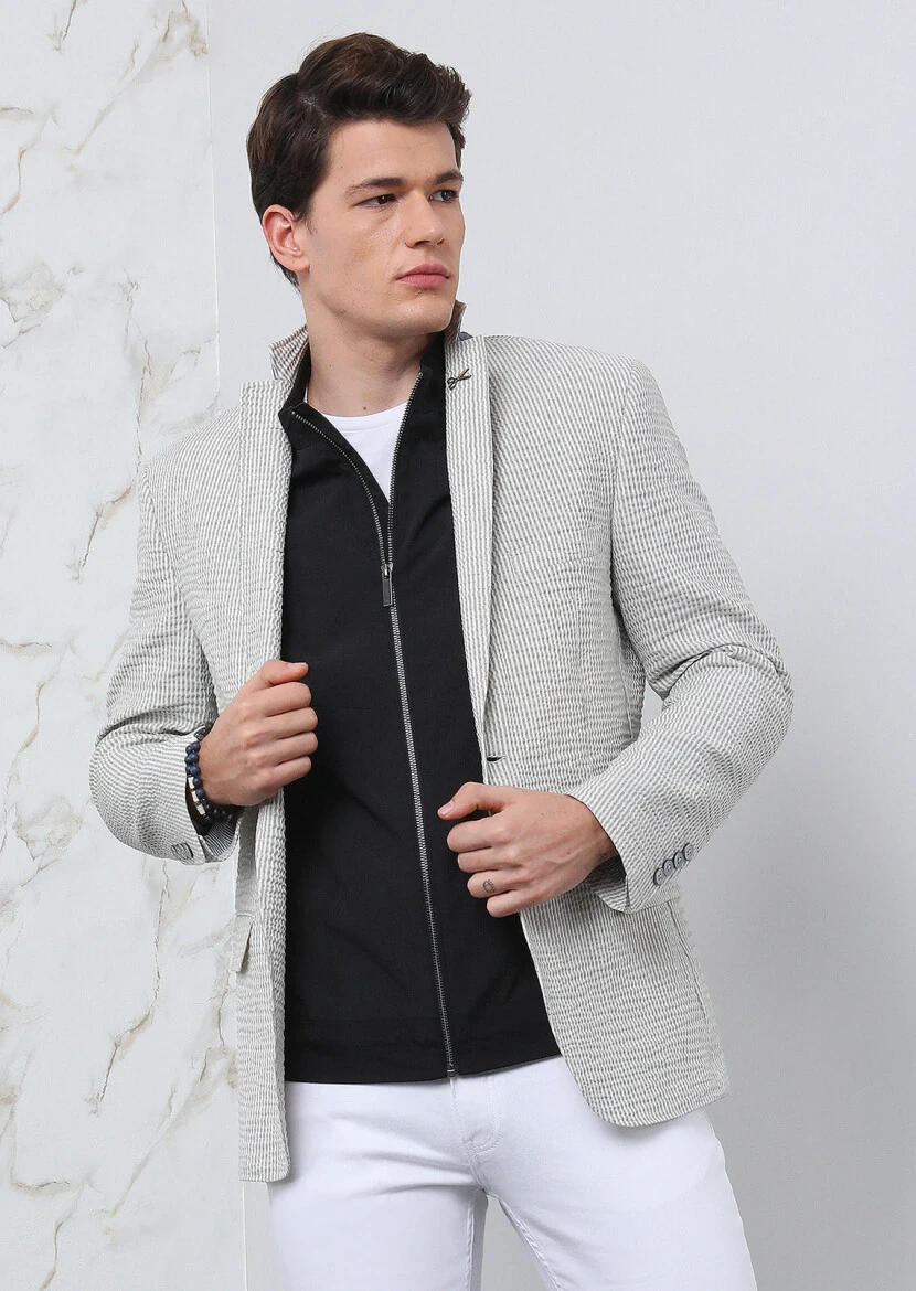 Grey Striped Zeroweight Slim Fit Cotton Blended Jacket - 1