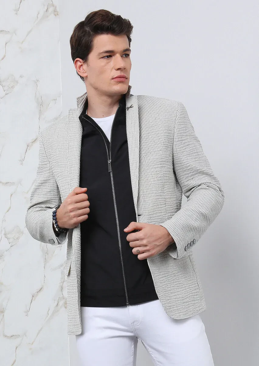 Grey Striped Zeroweight Slim Fit Cotton Blended Jacket - 1