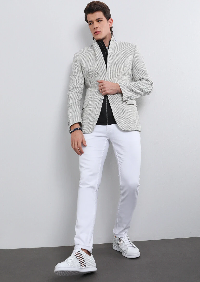 Grey Striped Zeroweight Slim Fit Cotton Blended Jacket - 2