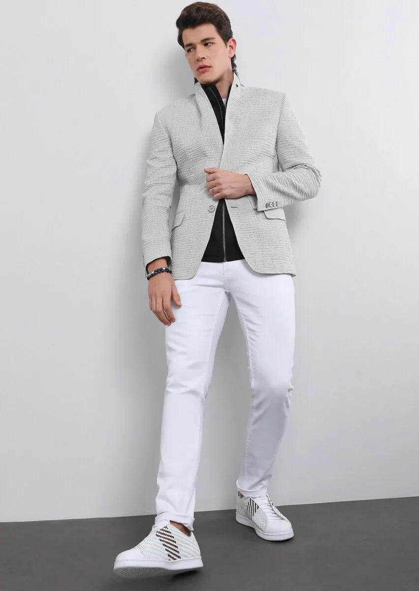 Grey Striped Zeroweight Slim Fit Cotton Blended Jacket - 2