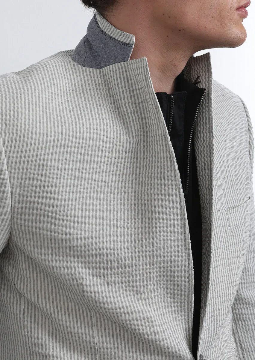 Grey Striped Zeroweight Slim Fit Cotton Blended Jacket - 3