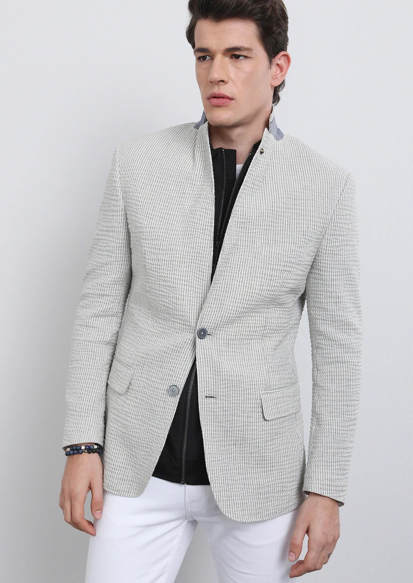 Grey Striped Zeroweight Slim Fit Cotton Blended Jacket - 4