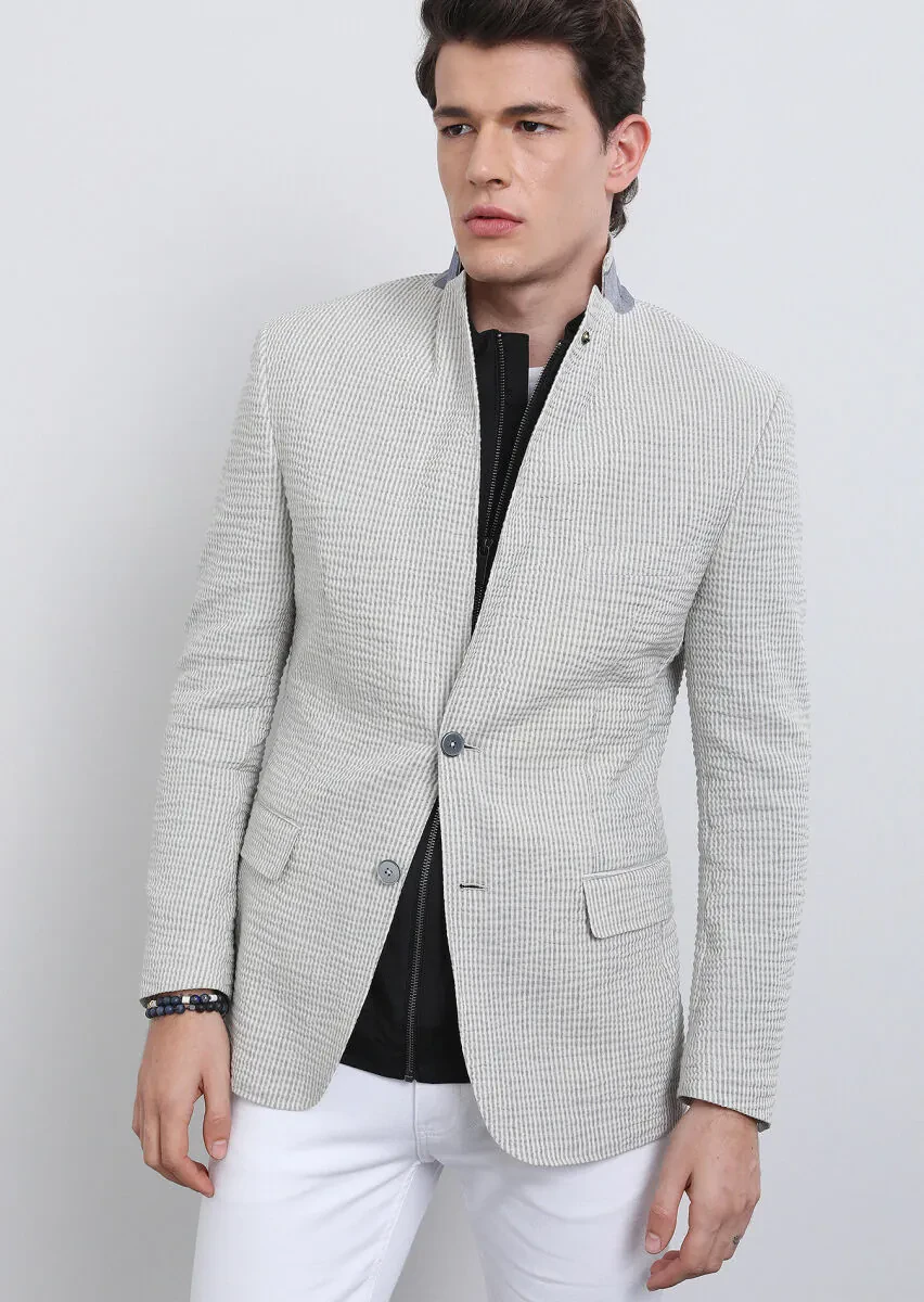 Grey Striped Zeroweight Slim Fit Cotton Blended Jacket - 4