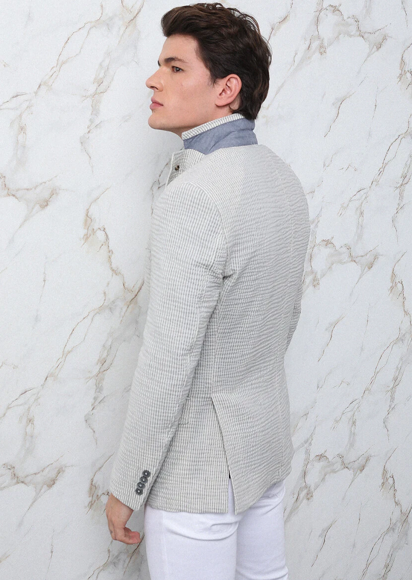 Grey Striped Zeroweight Slim Fit Cotton Blended Jacket - 5