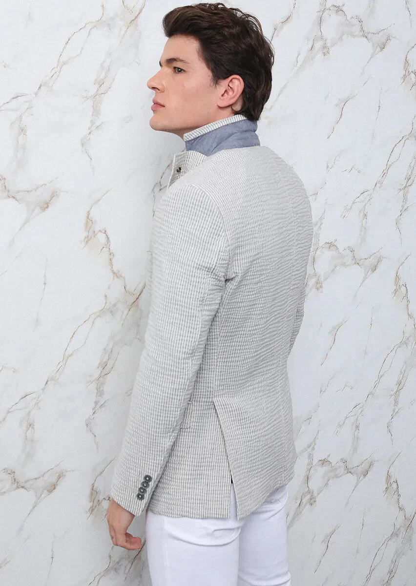 Grey Striped Zeroweight Slim Fit Cotton Blended Jacket - 6