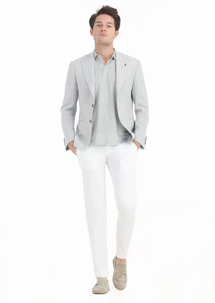 Grey Striped Zeroweight Slim Fit Cotton Blended Jacket - 1