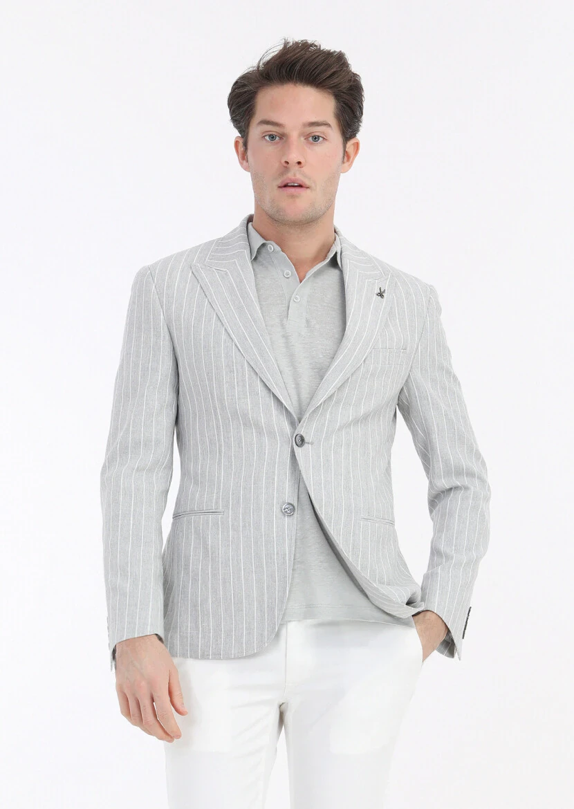 Grey Striped Zeroweight Slim Fit Cotton Blended Jacket - RAMSEY