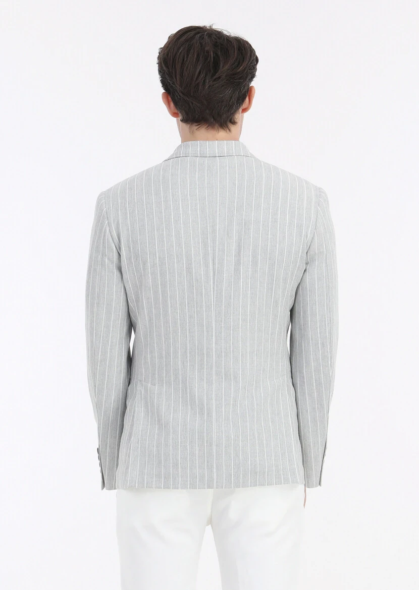 Grey Striped Zeroweight Slim Fit Cotton Blended Jacket - 5