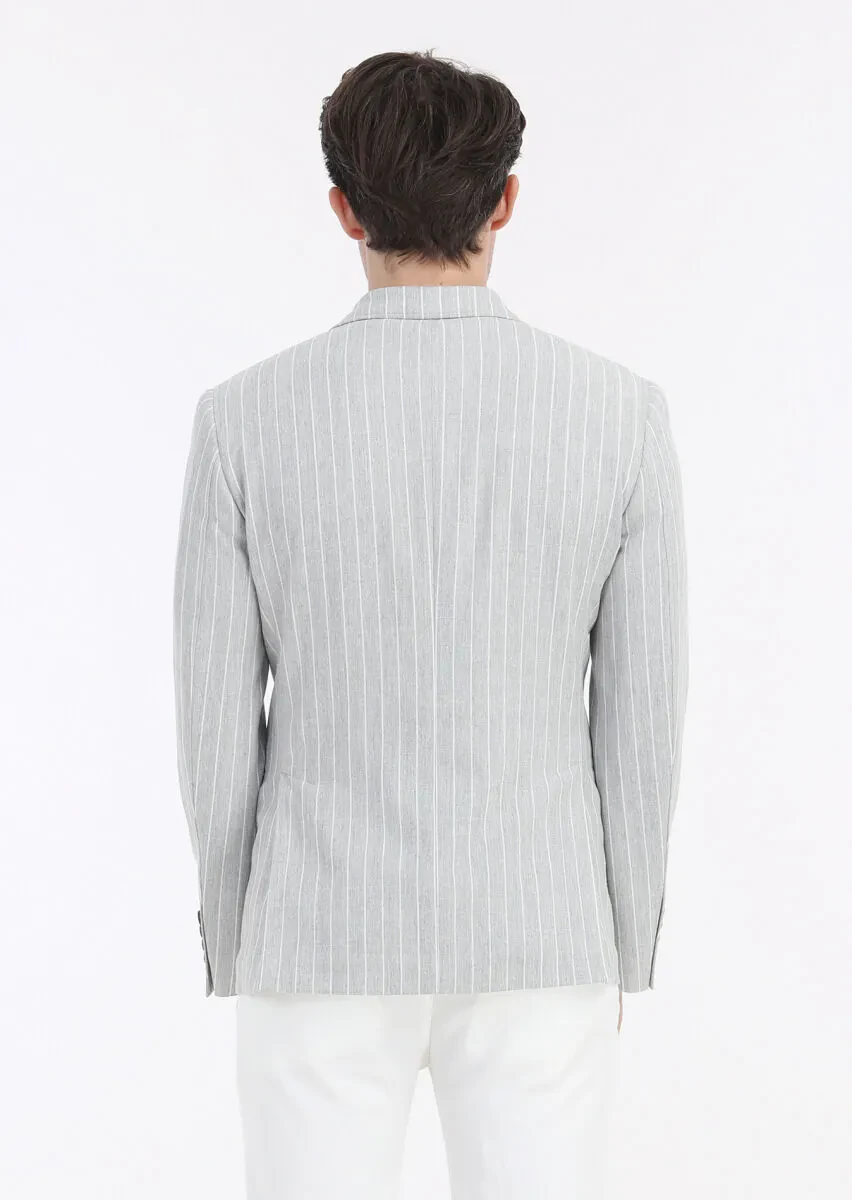 Grey Striped Zeroweight Slim Fit Cotton Blended Jacket - 5