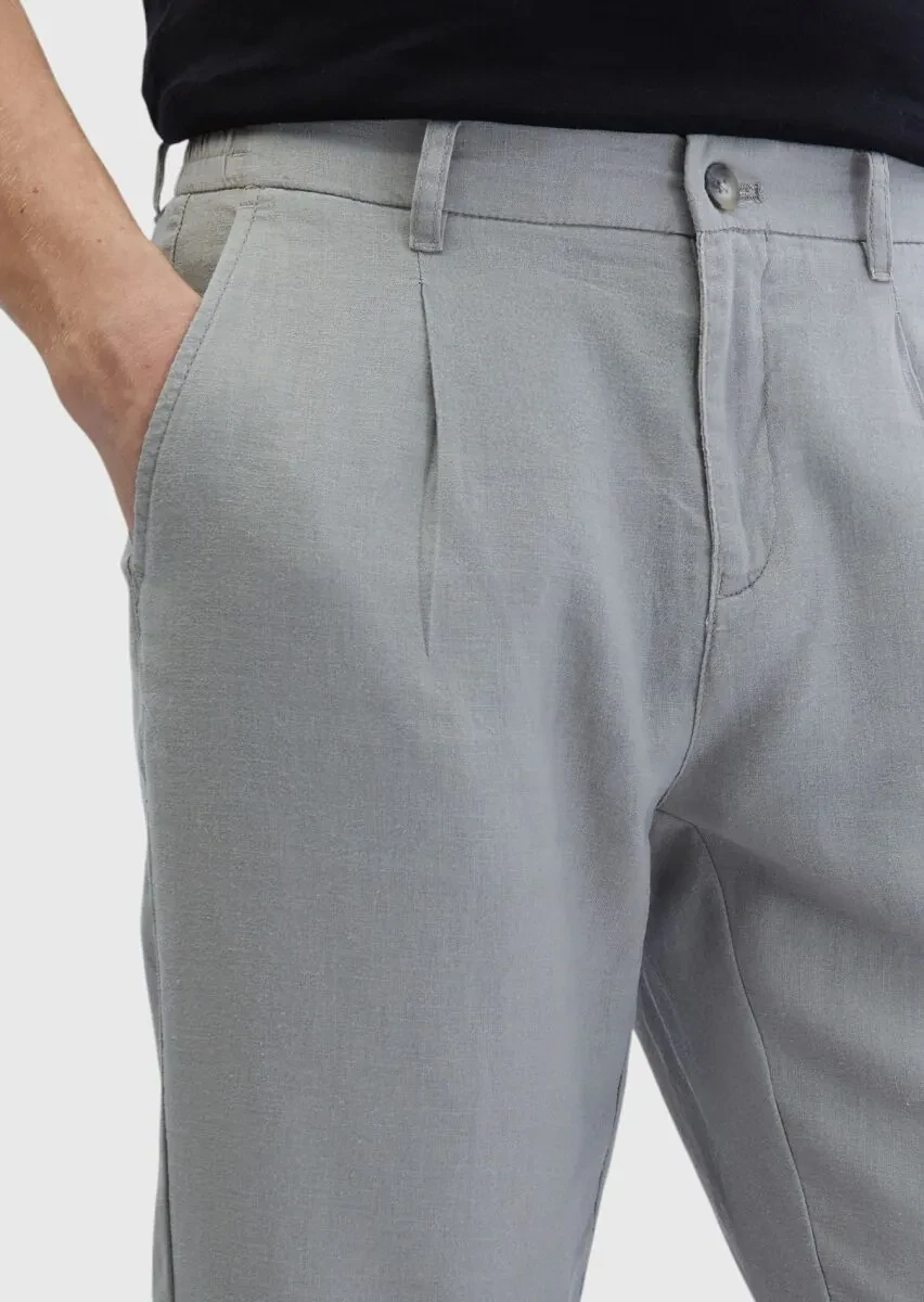 Grey Weaving Jogging Fit Casual 100% Linen Trousers - 3