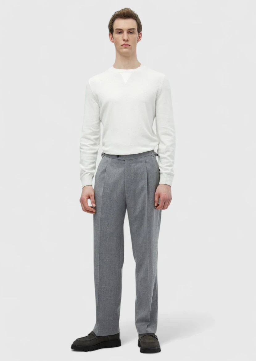 Grey Weaving Regular Fit Casual 100% Wool Trousers - RAMSEY