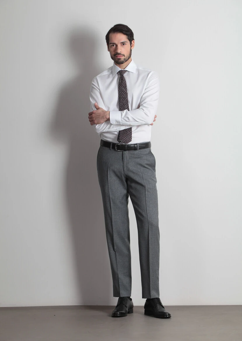 Grey Weaving Regular Fit Classical 100% Wool Trousers - 3