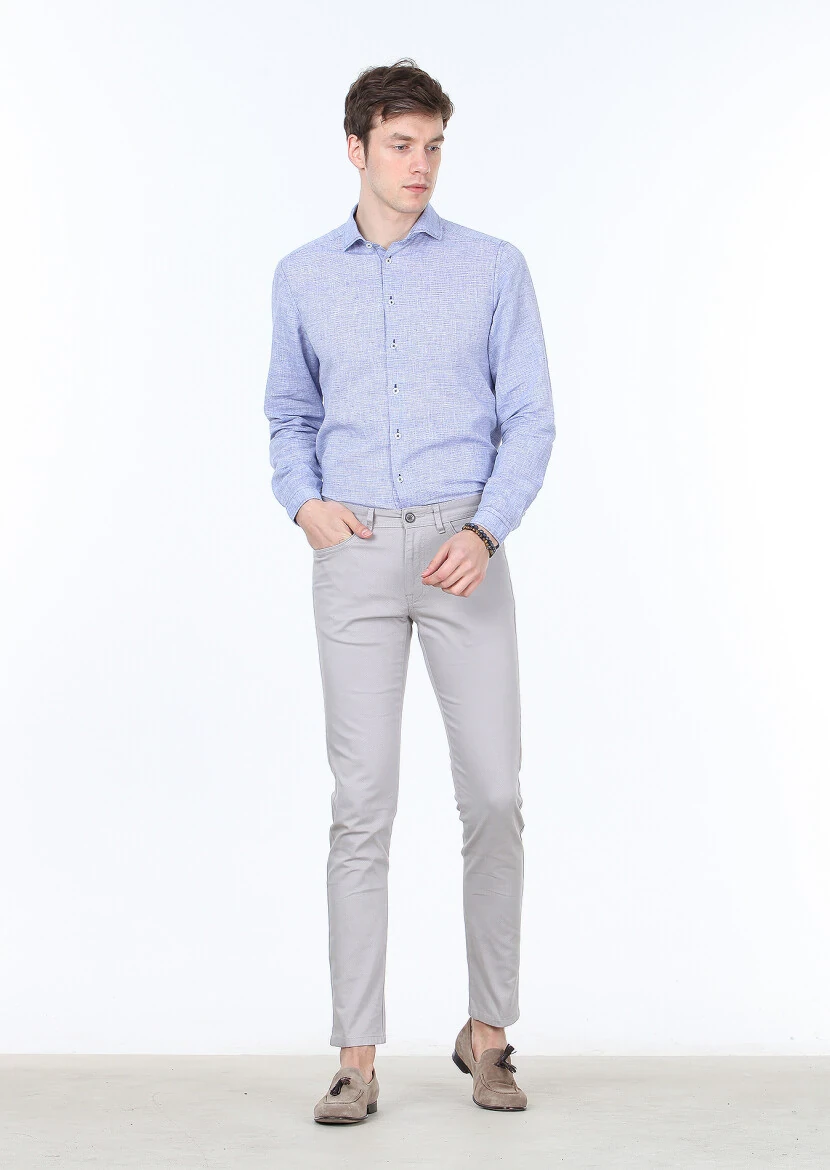 Grey Weaving Slim Fit Casual Cotton Blended Trousers - 1