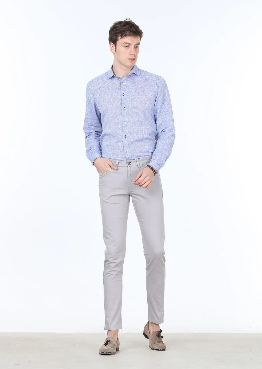 Grey Weaving Slim Fit Casual Cotton Blended Trousers - 1
