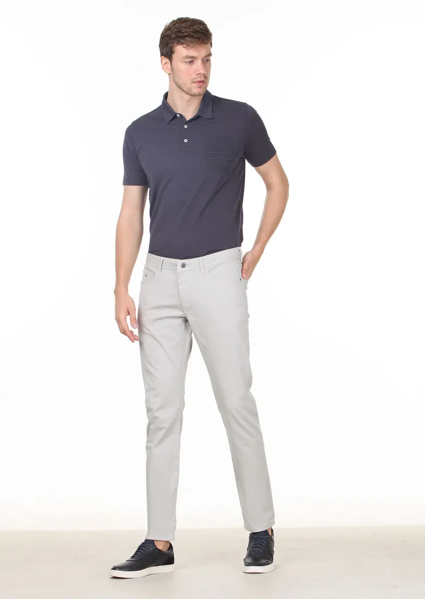 Grey Weaving Slim Fit Casual Cotton Blended Trousers - 1