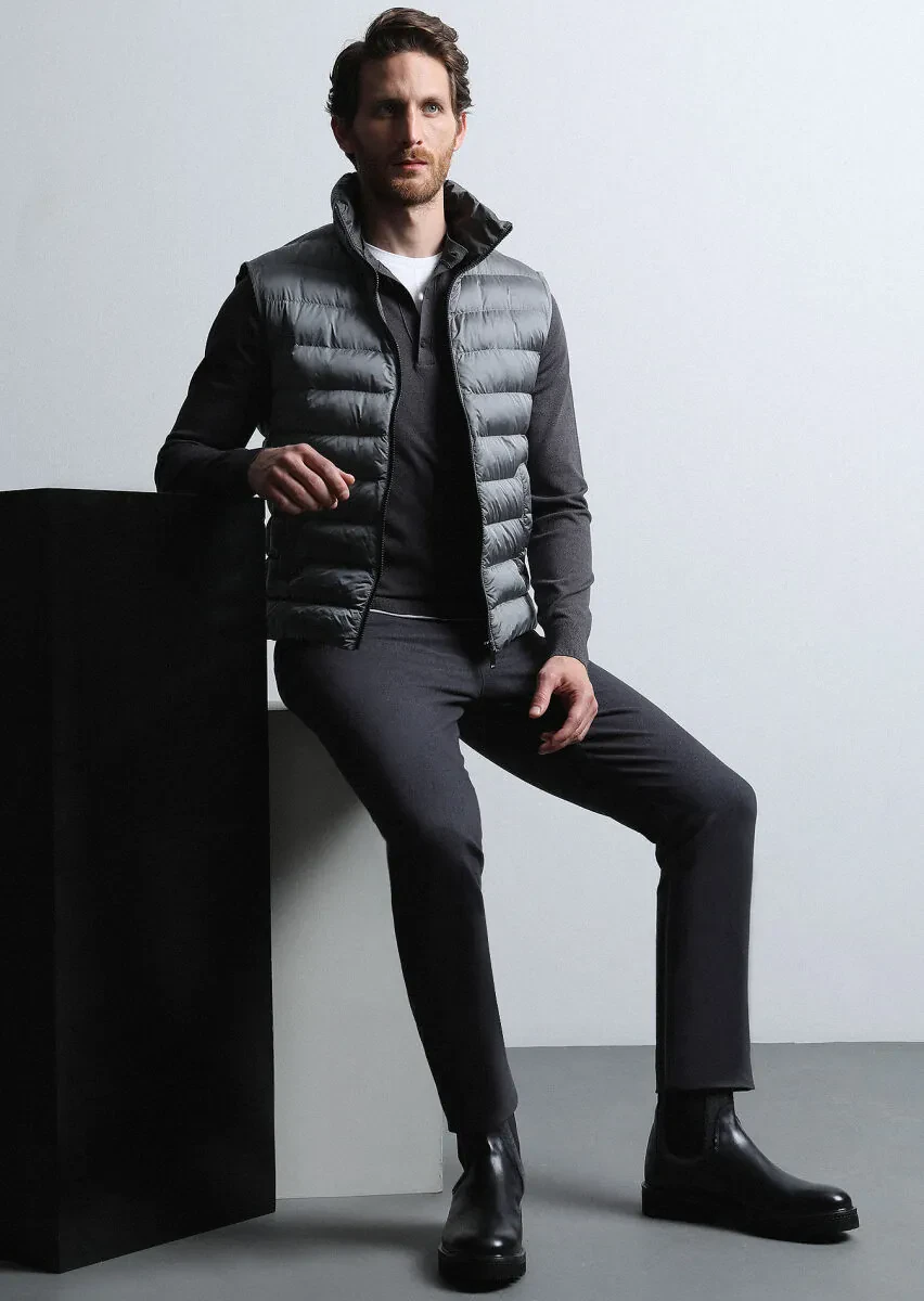 Grey Weaving Slim Fit Casual Cotton Blended Trousers - 1