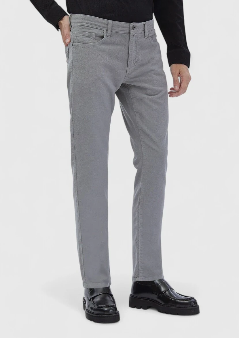 Grey Weaving Slim Fit Casual Cotton Blended Trousers - 3