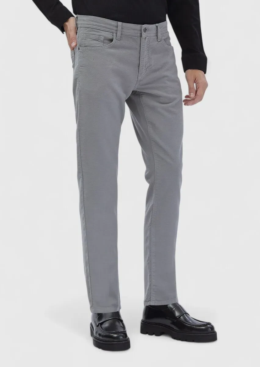 Grey Weaving Slim Fit Casual Cotton Blended Trousers - 3