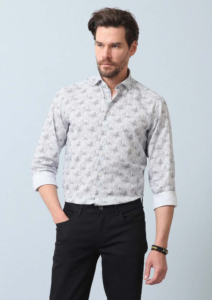 Gri Baskılı Regular Fit Dokuma Casual %100 Pamuk Gömlek - 1