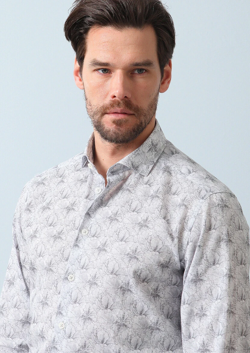 Gri Baskılı Regular Fit Dokuma Casual %100 Pamuk Gömlek - 2