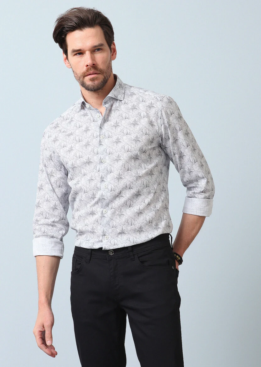 Gri Baskılı Regular Fit Dokuma Casual %100 Pamuk Gömlek - 3