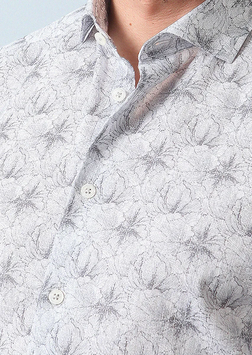 Gri Baskılı Regular Fit Dokuma Casual %100 Pamuk Gömlek - 4