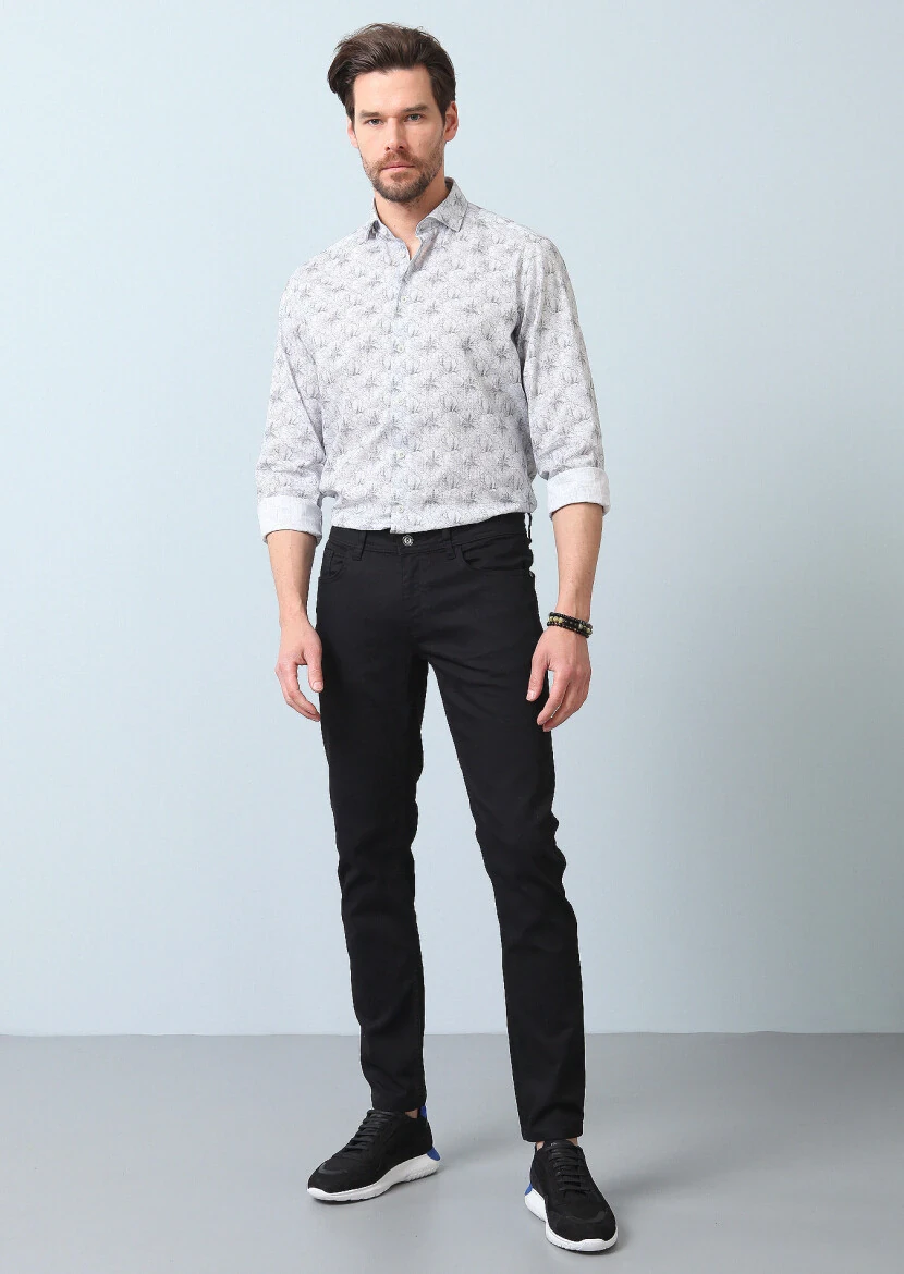 Gri Baskılı Regular Fit Dokuma Casual %100 Pamuk Gömlek - 5