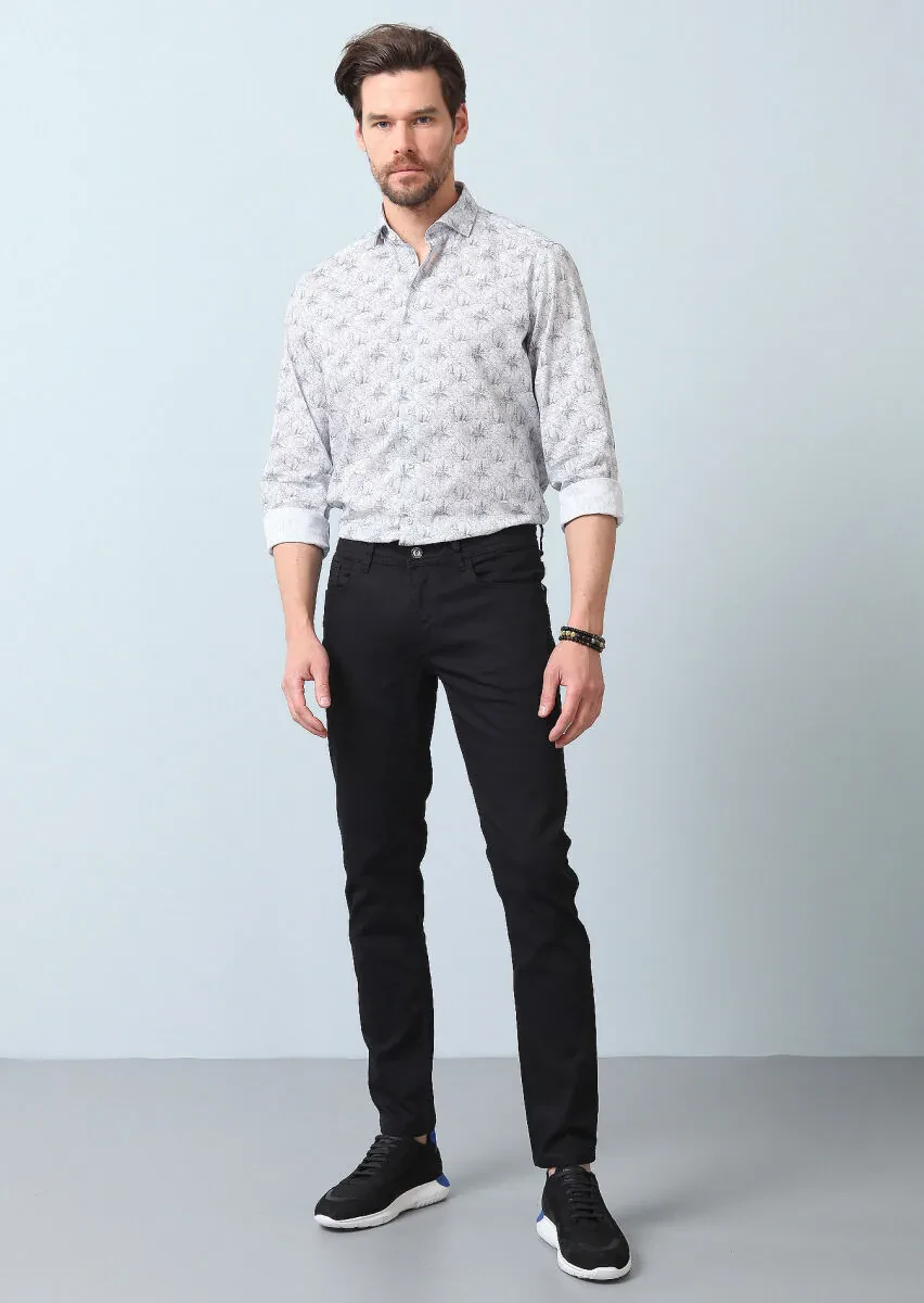 Gri Baskılı Regular Fit Dokuma Casual %100 Pamuk Gömlek - 5