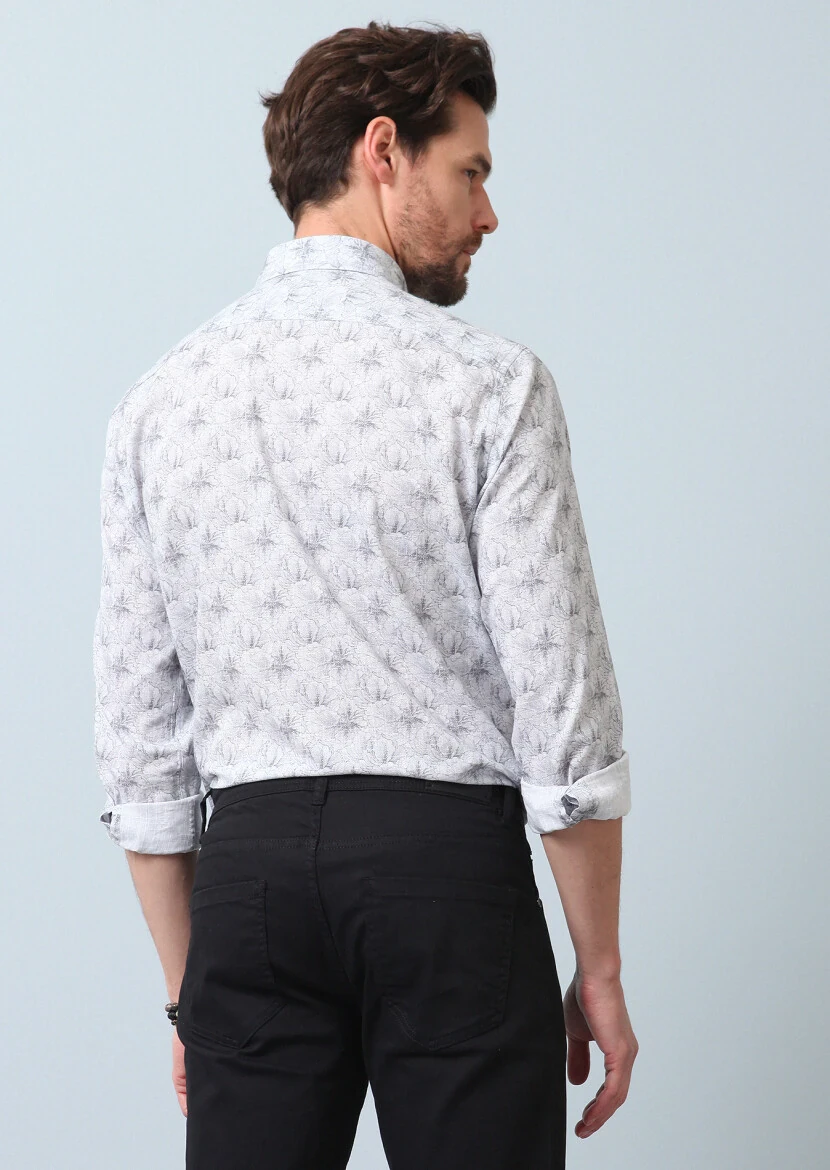 Gri Baskılı Regular Fit Dokuma Casual %100 Pamuk Gömlek - 6
