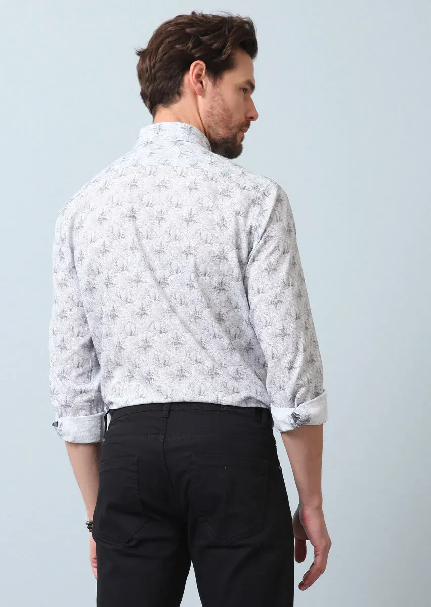 Gri Baskılı Regular Fit Dokuma Casual %100 Pamuk Gömlek - 6