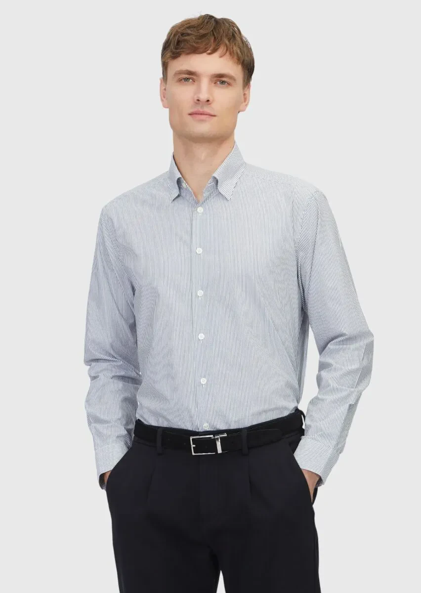 Gri Çizgili Casual Fit Dokuma Casual %100 Pamuk Gömlek - 1