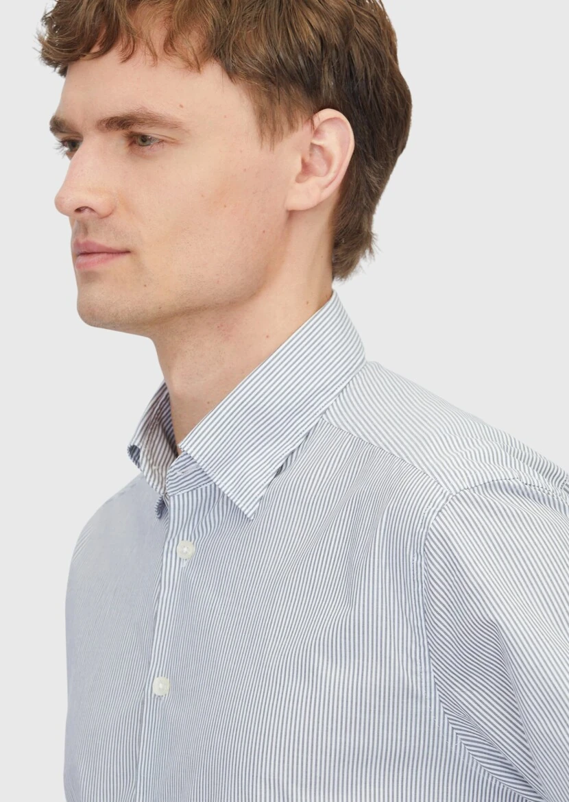 Gri Çizgili Casual Fit Dokuma Casual %100 Pamuk Gömlek - 4