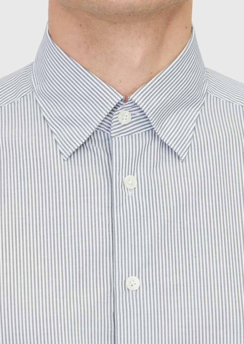 Gri Çizgili Casual Fit Dokuma Casual %100 Pamuk Gömlek - 5