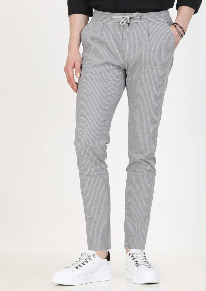 Gri Çizgili Dokuma Jogging Fit Casual Pamuk Karışımlı Pantolon - 1