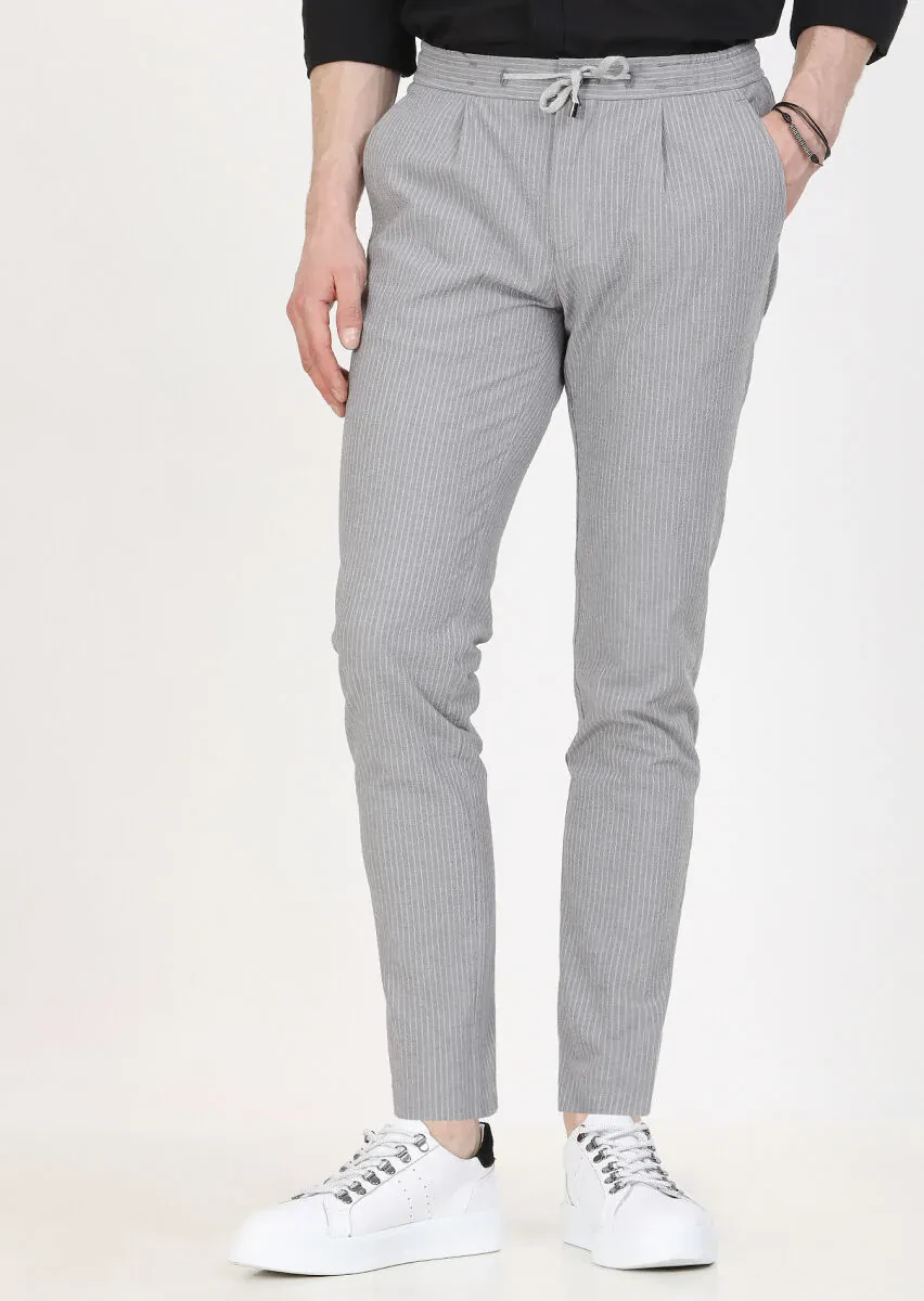 Gri Çizgili Dokuma Jogging Fit Casual Pamuk Karışımlı Pantolon - 1