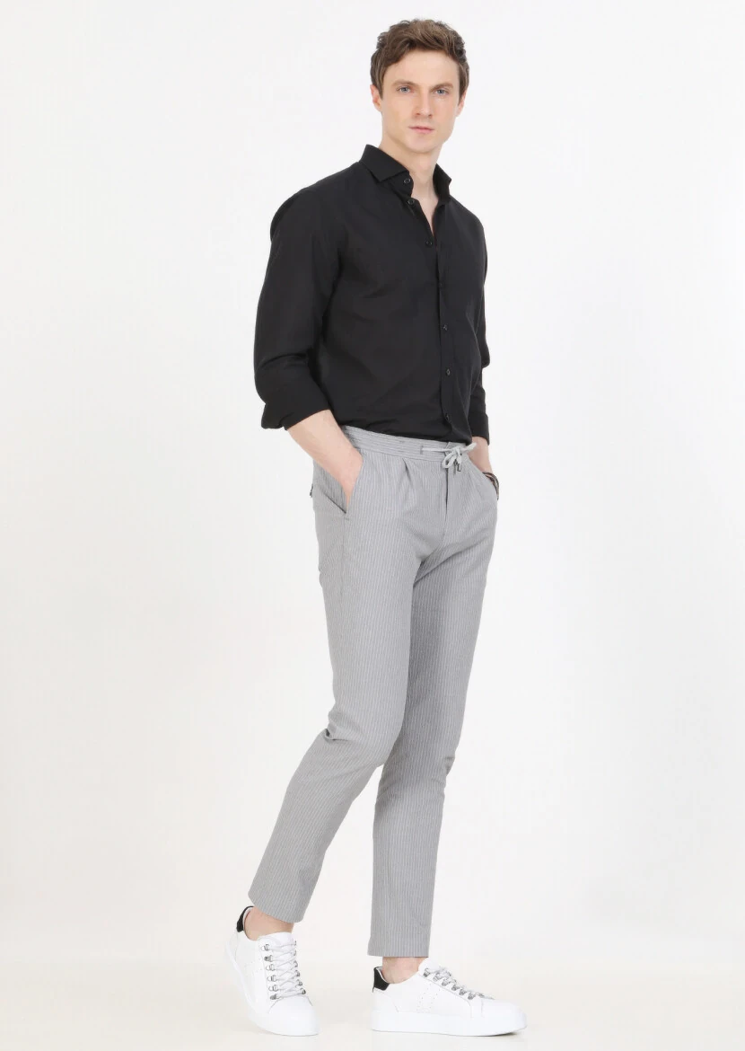 Gri Çizgili Dokuma Jogging Fit Casual Pamuk Karışımlı Pantolon - 2