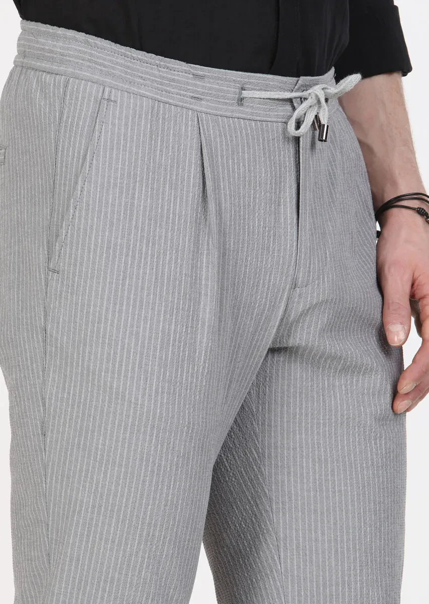 Gri Çizgili Dokuma Jogging Fit Casual Pamuk Karışımlı Pantolon - 3