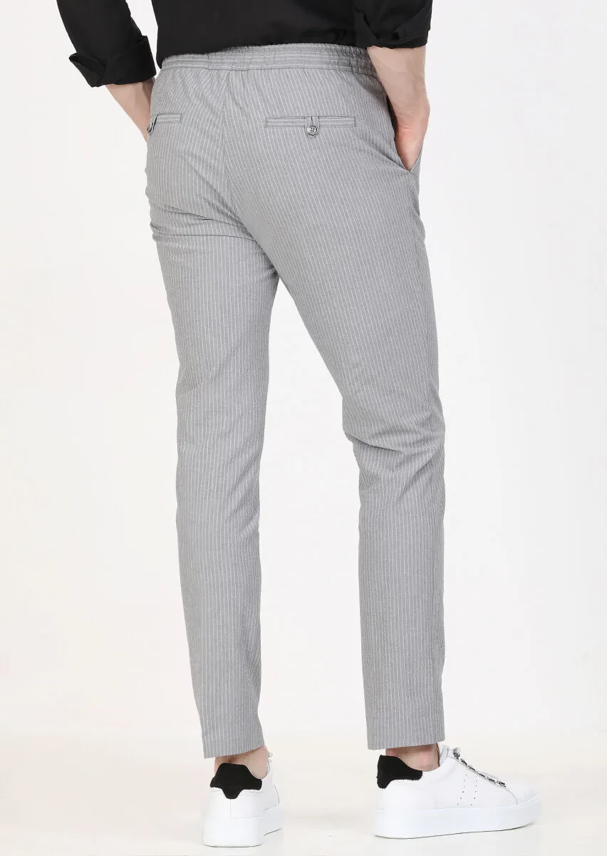 Gri Çizgili Dokuma Jogging Fit Casual Pamuk Karışımlı Pantolon - 4