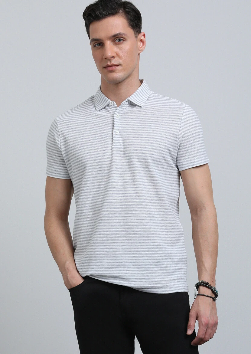 Gri Çizgili Polo Yaka %100 Pamuk T-Shirt - 1