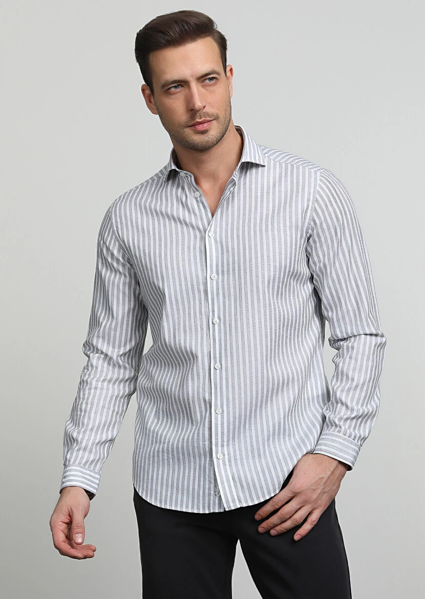 Gri Çizgili Regular Fit Dokuma Casual %100 Pamuk Gömlek - 1