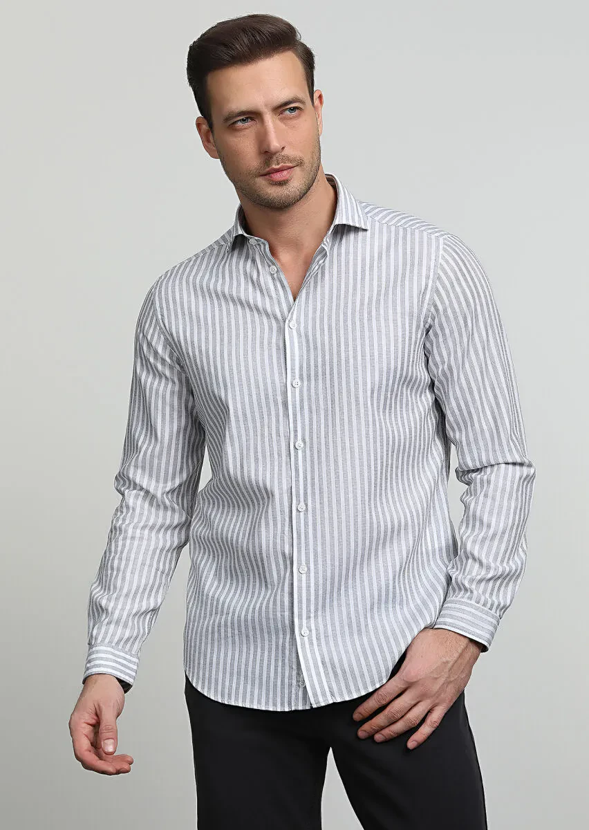 Gri Çizgili Regular Fit Dokuma Casual %100 Pamuk Gömlek - 1