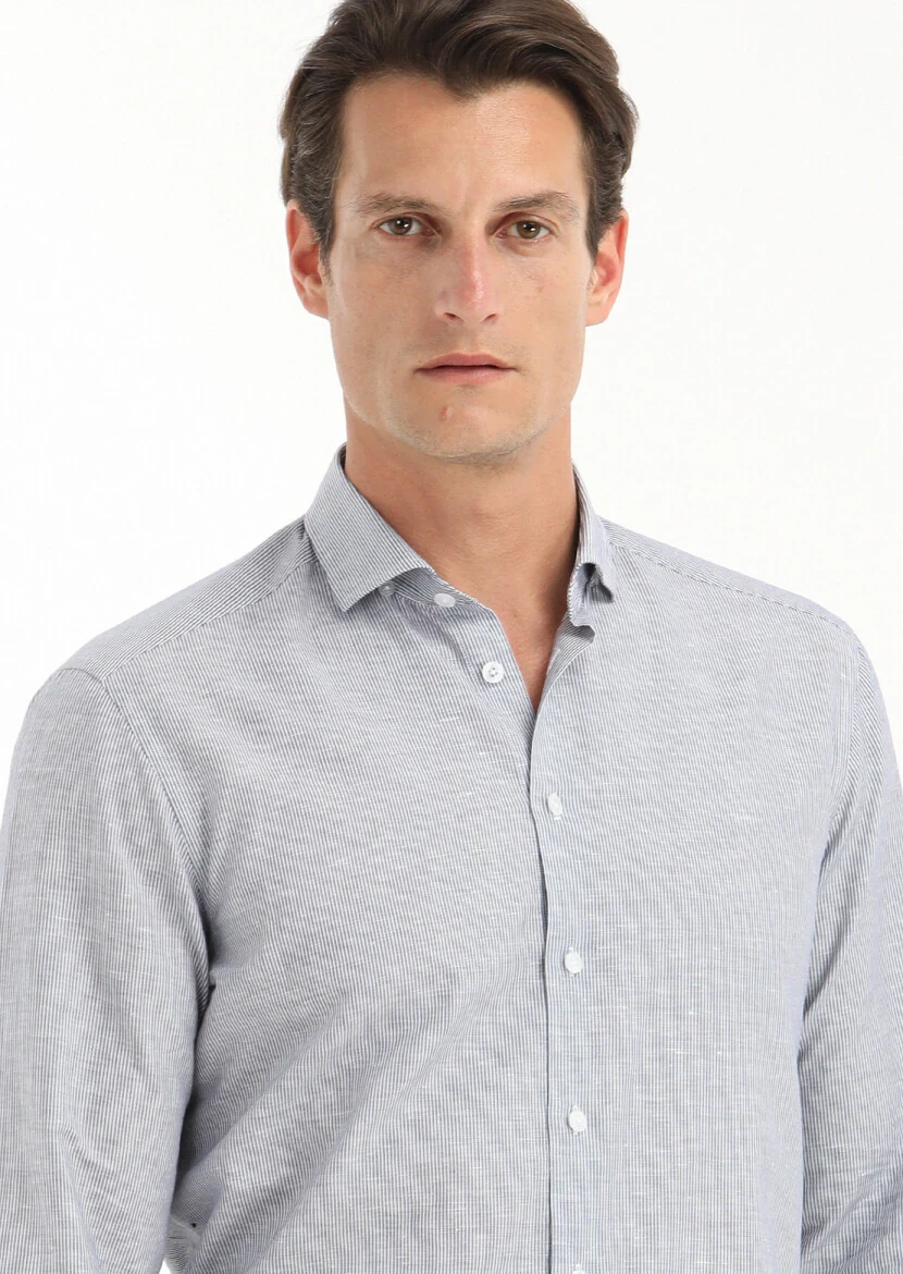 Gri Çizgili Regular Fit Dokuma Casual Pamuk Karışımlı Gömlek - 2