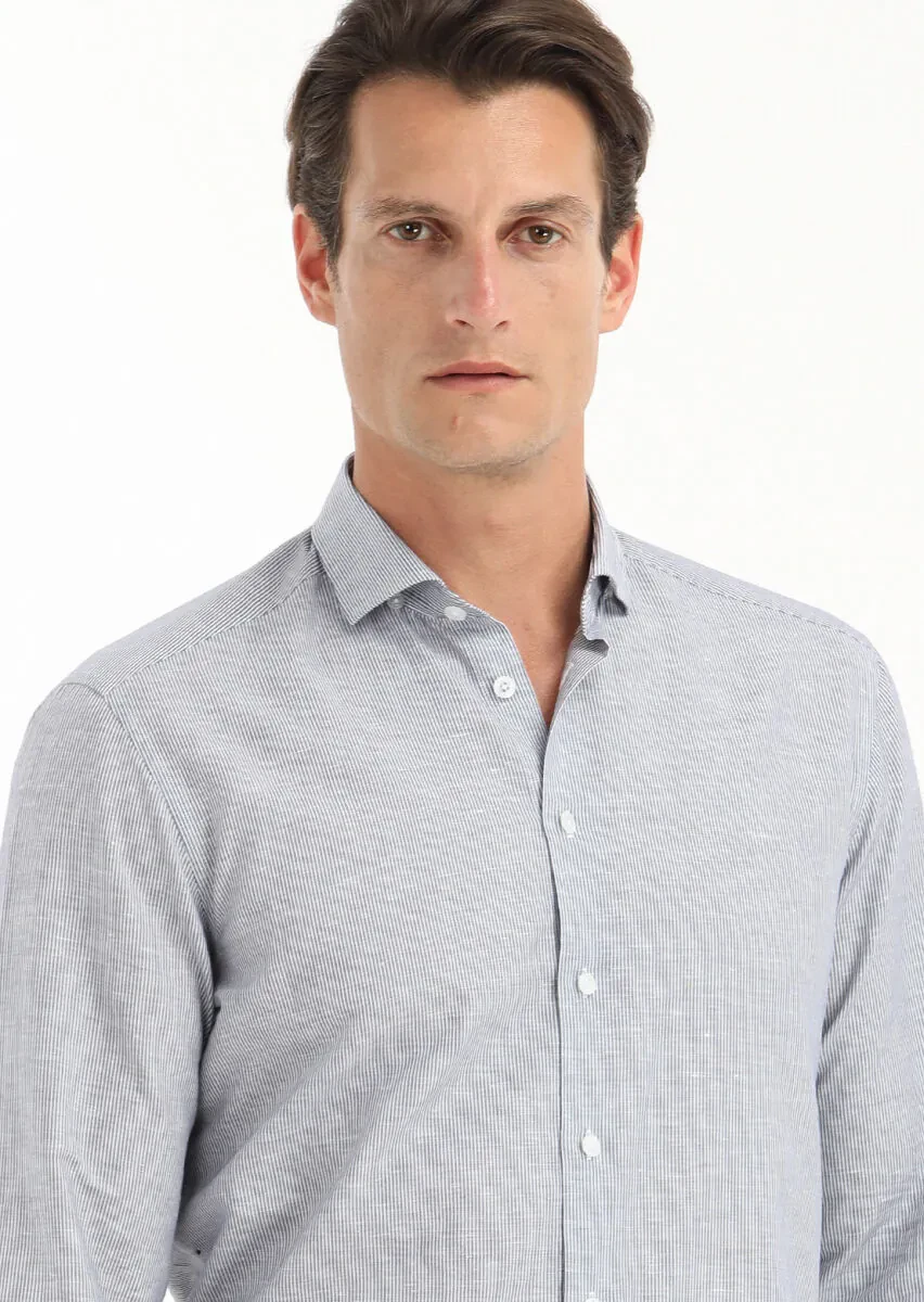 Gri Çizgili Regular Fit Dokuma Casual Pamuk Karışımlı Gömlek - 2