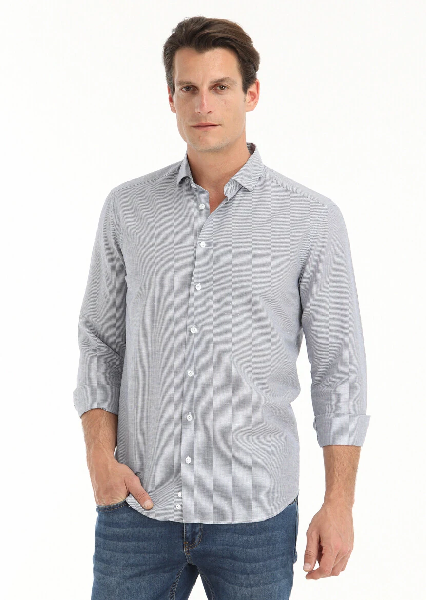Gri Çizgili Regular Fit Dokuma Casual Pamuk Karışımlı Gömlek - 3