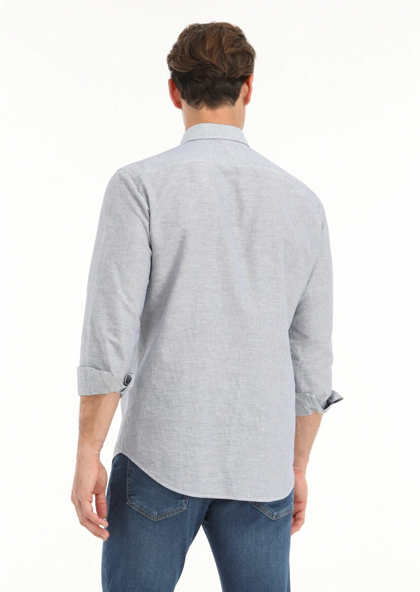 Gri Çizgili Regular Fit Dokuma Casual Pamuk Karışımlı Gömlek - 4